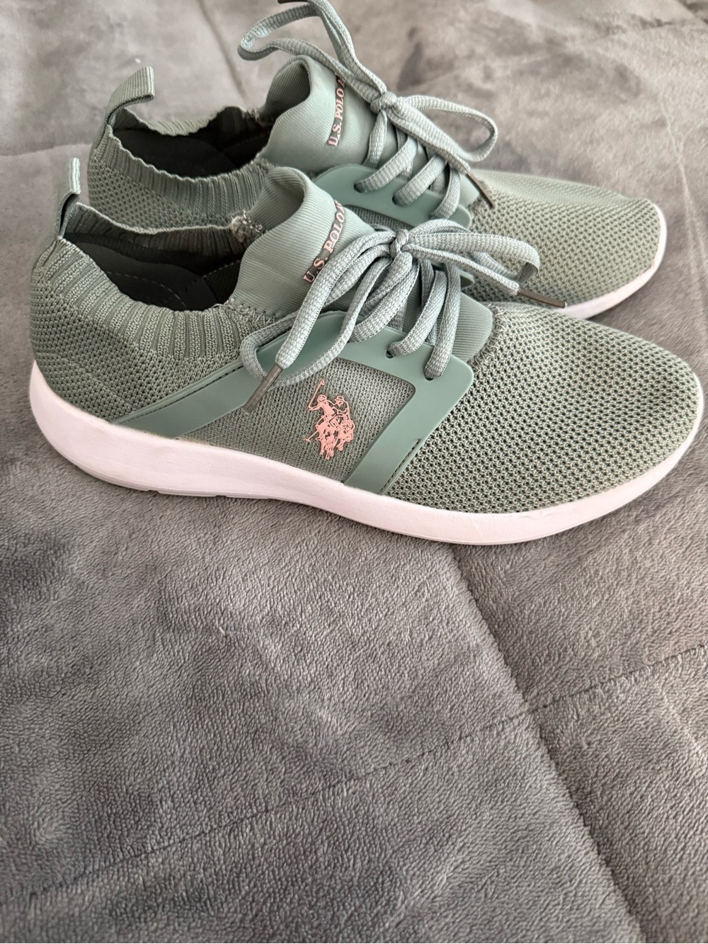 U.S. Polo Assn. Knit Lace-Up Sneakers in Sage Green with Pink Logo
